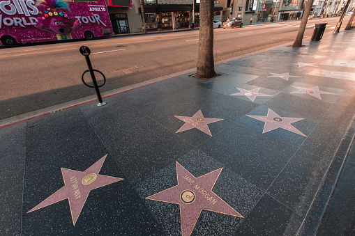 Hollywood California 3/18/2020: The city of Hollywood emptier than usual in March 2020. Hollywood Blvd showing the walk of fame stars, the Chinese theater and Dolby theater.