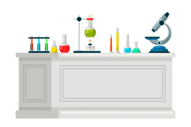 Vector illustration of Chemical lab equipment on table flat vector illustration
