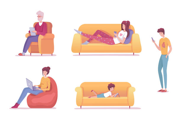 ilustrações, clipart, desenhos animados e ícones de pessoas isoladas no conjunto de vícios de dispositivos brancos e gadget - no sofá com celular