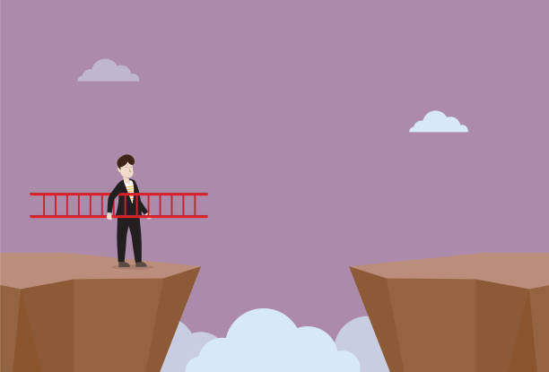 ilustraciones, imágenes clip art, dibujos animados e iconos de stock de hombre de negocios con una escalera se para en un acantilado - cliff ladder business problems