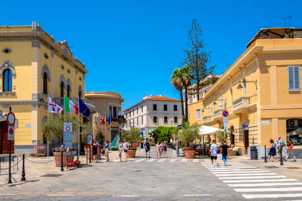 Olbia, Sardinia, Italy - Panoramic view of the Corso Umberto I street in the historic old town quarter stock photo