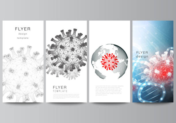 ilustrații de stoc cu dispunerea vectorială a fluturașului, șablon de design banner pentru designul publicitar al site-ului web, fluturașul vertical, decorarea site-ului web. fond medical 3d al virusului corona. covid 19, infecție cu coronavirus. conceptul de virus - covid 19