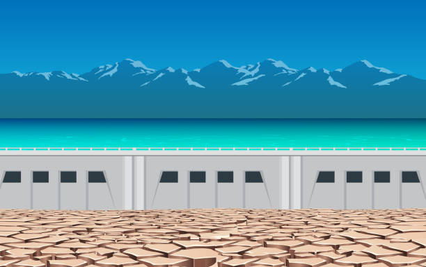 Web landscape of dry soil at the dam reservoir stock illustrations