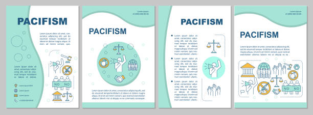 ilustrações, clipart, desenhos animados e ícones de layout do modelo do folheto de movimento do pacifismo. panfleto de resistência ao militarismo, livreto, desenho de impressão de folhetos com ilustrações lineares. layouts de páginas vetoriais para revistas, relatórios anuais, cartazes publicitários - poster advertise protest presentation