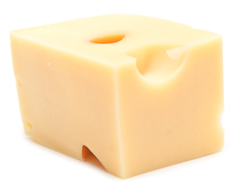 Cube of cheese isolated on white background