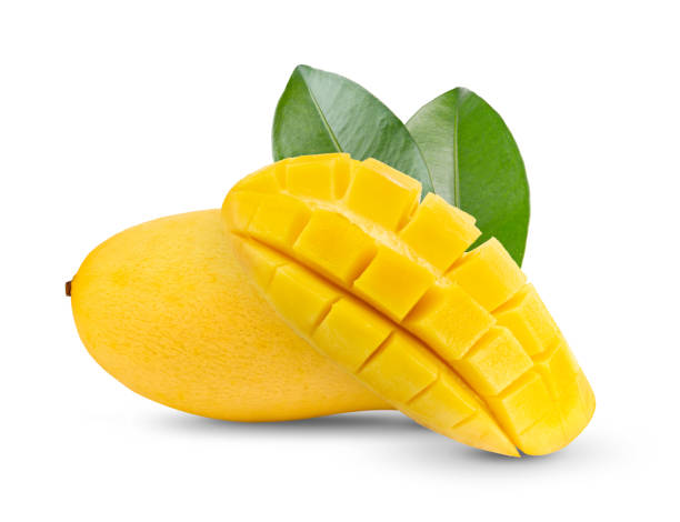 istock yellow mango with leaf isolated on white background. full depth of field 1215859911