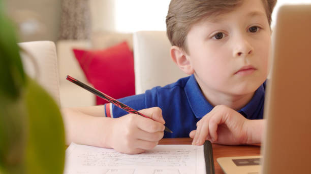 istock Boy taking online courses in living room 1215860030
