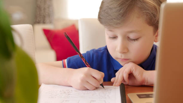 istock Boy taking online courses in living room 1215860031