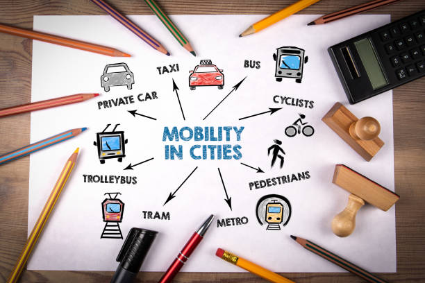 Mobility in cities. Private car, bus, cyclists, pedestians and metro concept Mobility in cities. Private car, bus, cyclists, pedestians and metro concept. Chart with keywords and icons. Stamp and pencil, calculator on white piece of paper urban dictionary stock pictures, royalty-free photos & images