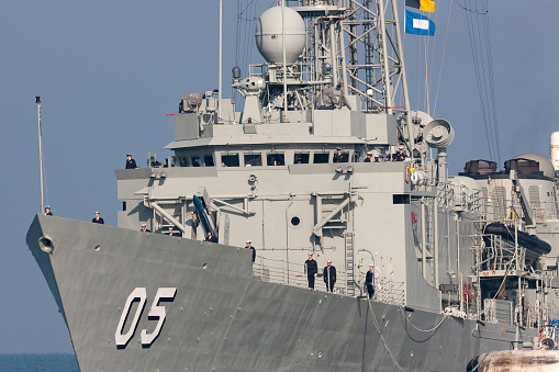 Melbourne, Australia - June 12, 2015: Close up of the HMAS Melbourne (FFG 05) Adelaide-class guided-missile frigate of the Royal Australian Navy.