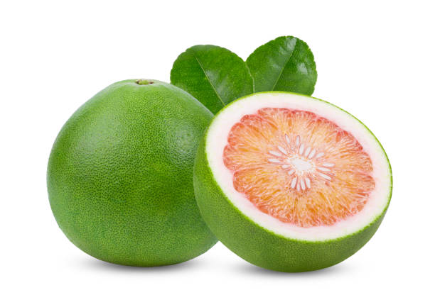 istock Green pomelo citrus fruit with leaf isolated on white background. full depth of field 1215861267