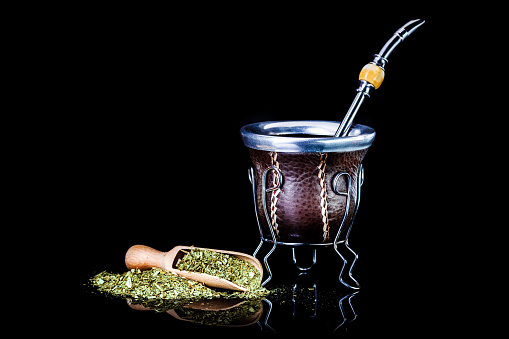 Yerba Mate & Argentinian Matero with Leather Fittings - isolated on black