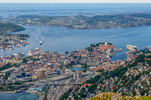 Aerial view to the Norwegian city of Bergen from Mount Ulriken