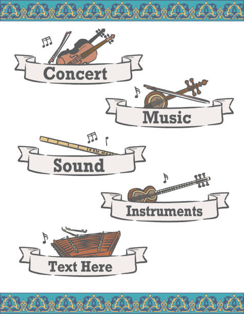 arapça enstrümanlar ile müzik temalı vektör etiketleri. - santur kanun stock illustrations