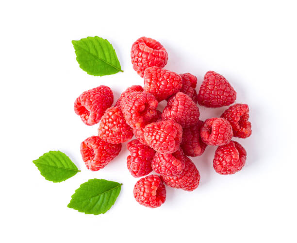 istock ripe raspberries isolated on white background. top view 1215863179