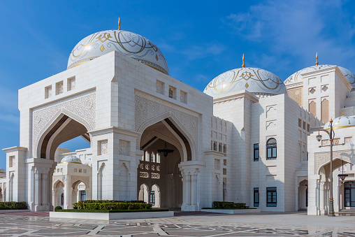 Abu Dhabi, UAE - 3rd Jan 2020: The facade of Presidential Palace (Qasr Al Watan), made from white granite