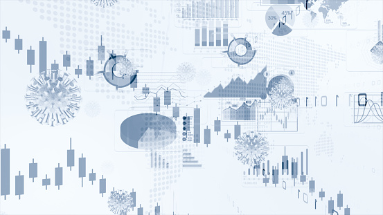 Graphs representing the stock market crash caused by the coronavirus with urban city background.