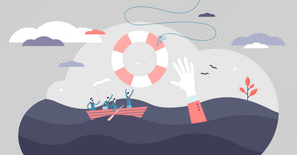 ilustrações de stock, clip art, desenhos animados e ícones de crisis help vector illustration. economical support tiny persons concept. - save oceans