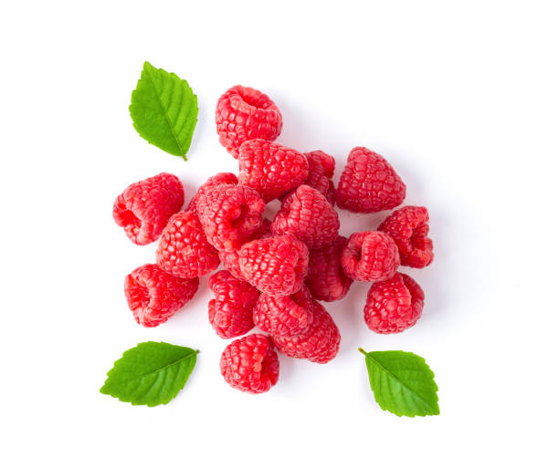 istock ripe raspberries isolated on white background. top view 1215865130