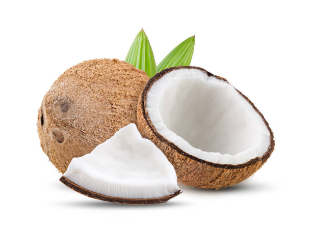 istock coconut with leaf isolated on white background. full depth of field 1215865192