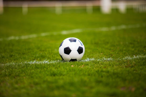 istock Classic soccer ball, typical black and white pattern, placed on stadium turf. Traditional football ball on the green grass lawn with copy space. 1215865908