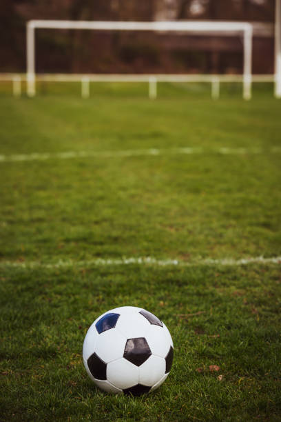 istock Classic soccer ball  with typical black and white pattern, placed on stadium turf. Traditional football ball on the green grass lawn with copy space. 1215866160