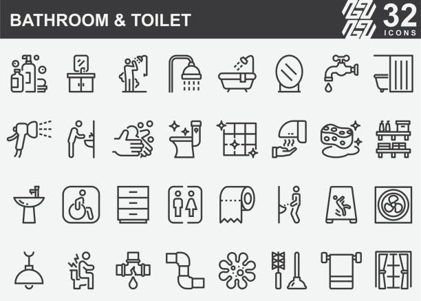 badezimmer und toilettenlinie icons - badezimmer stock-grafiken, -clipart, -cartoons und -symbole