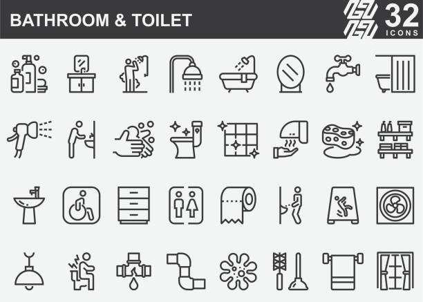 욕실 및 화장실 라인 아이콘 - hygiene bathtub symbol toothbrush stock illustrations