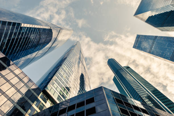 istock Modern glass skyscrapers against the sky at sunset. 1215867812