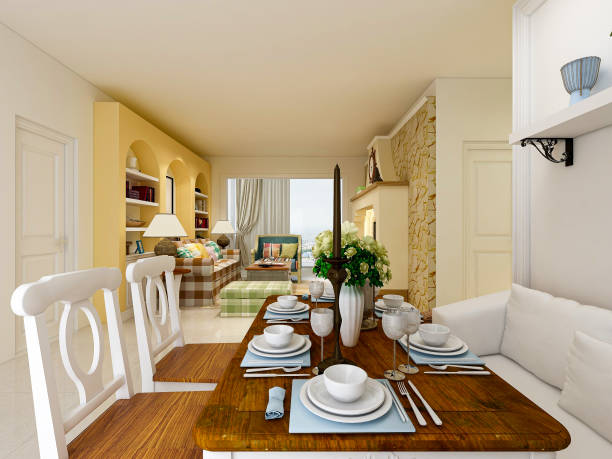 istock 3D rendering, warm dining room area design, wooden table and chair 1215867981