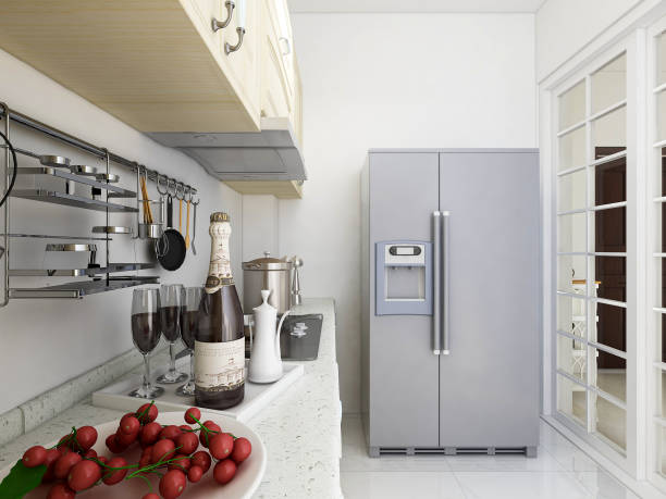istock 3D rendering,Modern family kitchen design, new cabinets and kitchenware with refrigerators, sunlight from the window. 1215868007