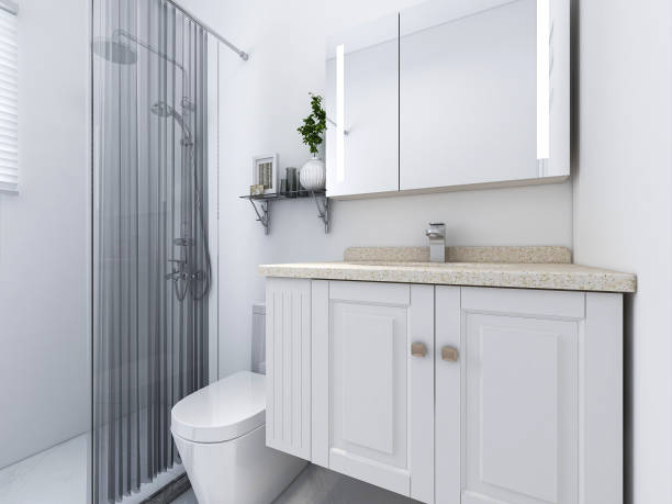 istock D rendering,Clean modern residential bathroom and toilet design, which is equipped with washstand, toilet and shower equipment, etc. 1215868008
