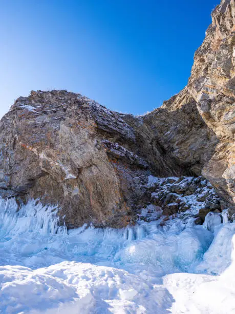 One of the rocks of Cape Sagan-Khushun or Three brothers, Olkhon island, lake Baikal, Russia