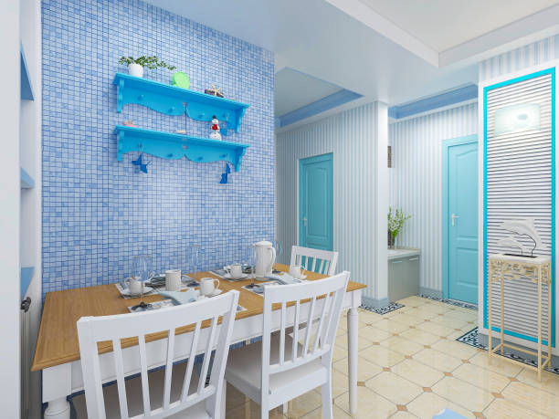 istock 3D rendering, blue Mediterranean style dining area design, wooden dining table and chairs 1215868855