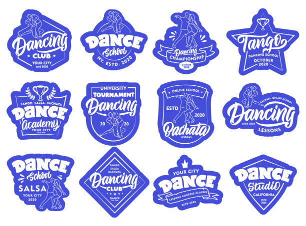 Set of vintage Dancing emblems, stamps, stickers, patches. Sport badges on white background isolated Set of vintage Dancing emblems, stamps, stickers, patches. Sport badges on white background isolated. Collection of Bachata, Salsa, Tango  s with hand-drawn text, phrases. Vector illustration dance logo stock illustrations