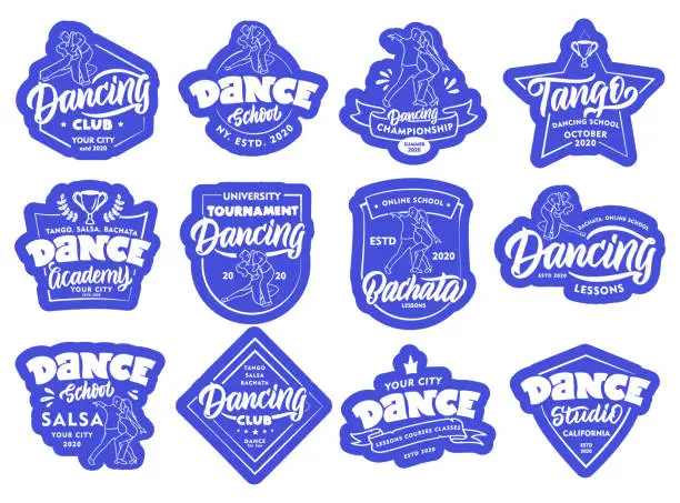 Vector illustration of Set of vintage Dancing emblems, stamps, stickers, patches. Sport badges on white background isolated