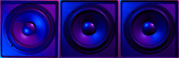 istock Retro wave, 80s. Frontal image audio three speaker with neon light. Synthwave and vaporwave concept. 1215869194