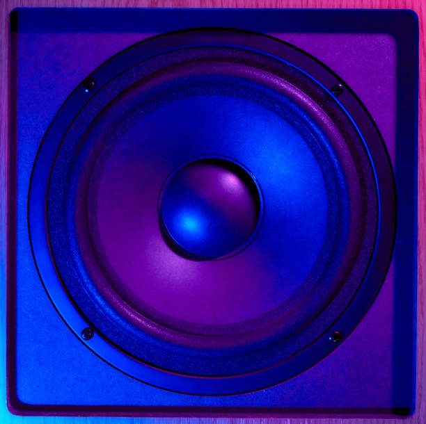 istock Retro wave from 80s. Frontal image audio speaker with neon light. Synthwave and vaporwave concept. 1215869234