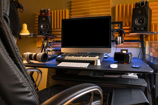 Workplace of professional musician or photographer at home. Place of the creative person