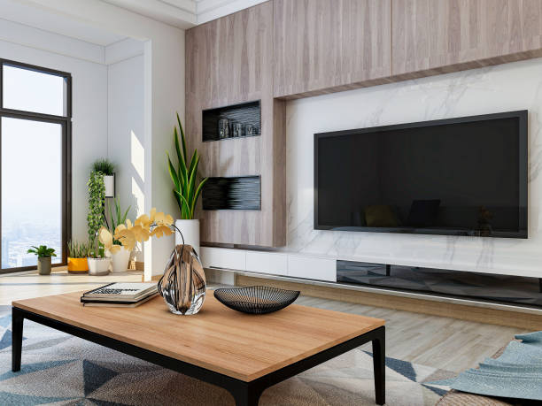 istock 3D rendering, spacious living room design of modern residence, with sofa, tea table, decorative painting, etc 1215870479