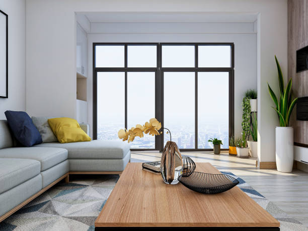 istock 3D rendering, spacious living room design of modern residence, with sofa, tea table, decorative painting, etc 1215870511