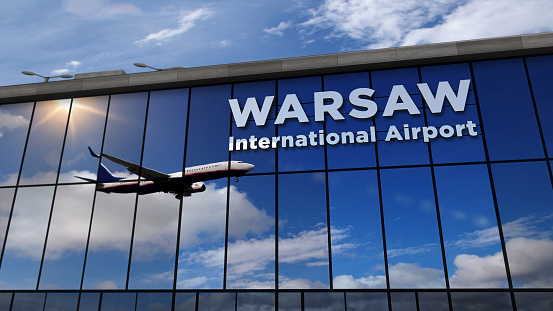 Jet aircraft landing at Warsaw, Warszawa, Poland 3D rendering illustration. Arrival in the city with the airport terminal and reflection of the plane. Travel, business, tourism and transport concept.