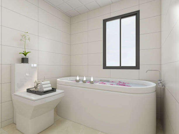 istock 3D rendering,Clean modern residential bathroom and toilet design, which is equipped with washstand, toilet and shower equipment, etc. 1215871634