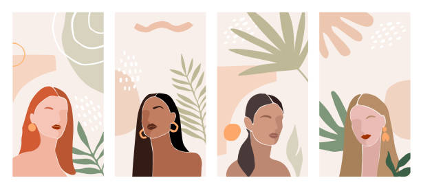 Set of Woman portrait minimalist art. Abstract Contemporary collage fashion woman and plant in a modern trendy style. vector art illustration