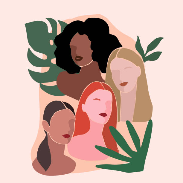 Portrait abstrait de femmes avec la couleur différente de peau et de plante tropicale, style minimaliste. Illustration de vecteur. - Illustration vectorielle