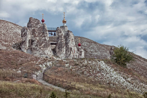 Cretaceous rocks Kostomarovsky Spassky Monastery orthodox Cathedral of Saviour image, Voronezh region. Russia