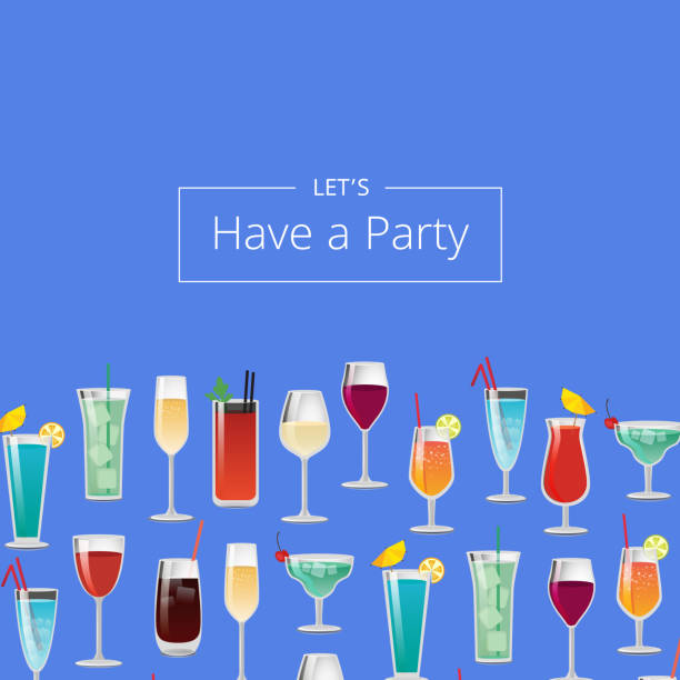 ilustraciones, imágenes clip art, dibujos animados e iconos de stock de cartel de cócteles de fiesta con diferentes bebidas largas - hurricane cocktail