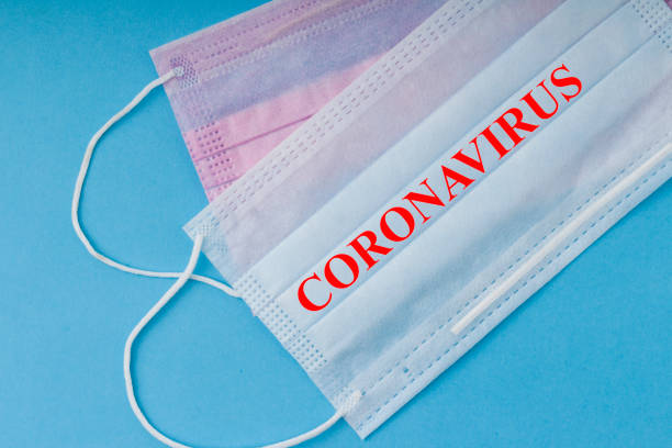 istock Medical mask with inscription Coronavirus on blue background 1215875846
