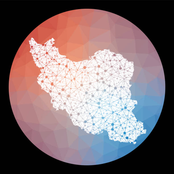 Vector network Iran map. Vector network Iran map. Map of the country with low poly background. Rounded Iran illustration in technology, internet, network, telecommunication concept style . Elegant vector illustration. iran university of science and technology stock illustrations