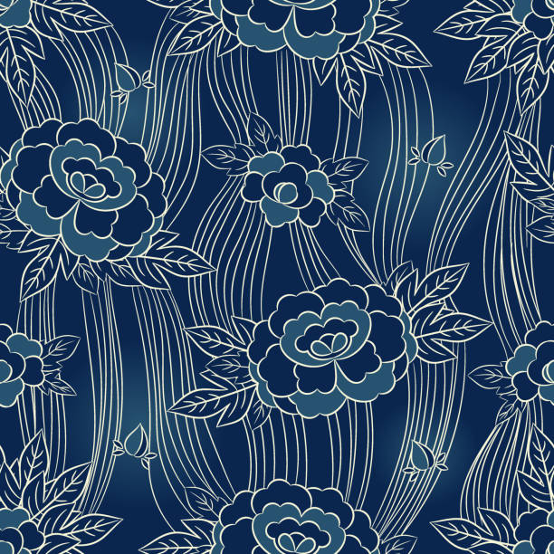 pfingstrose japanische muster nahtlose vektor. orientalischen floralen hintergrund. blaue vintage blumen druck - seamless flower paper rose stock-grafiken, -clipart, -cartoons und -symbole